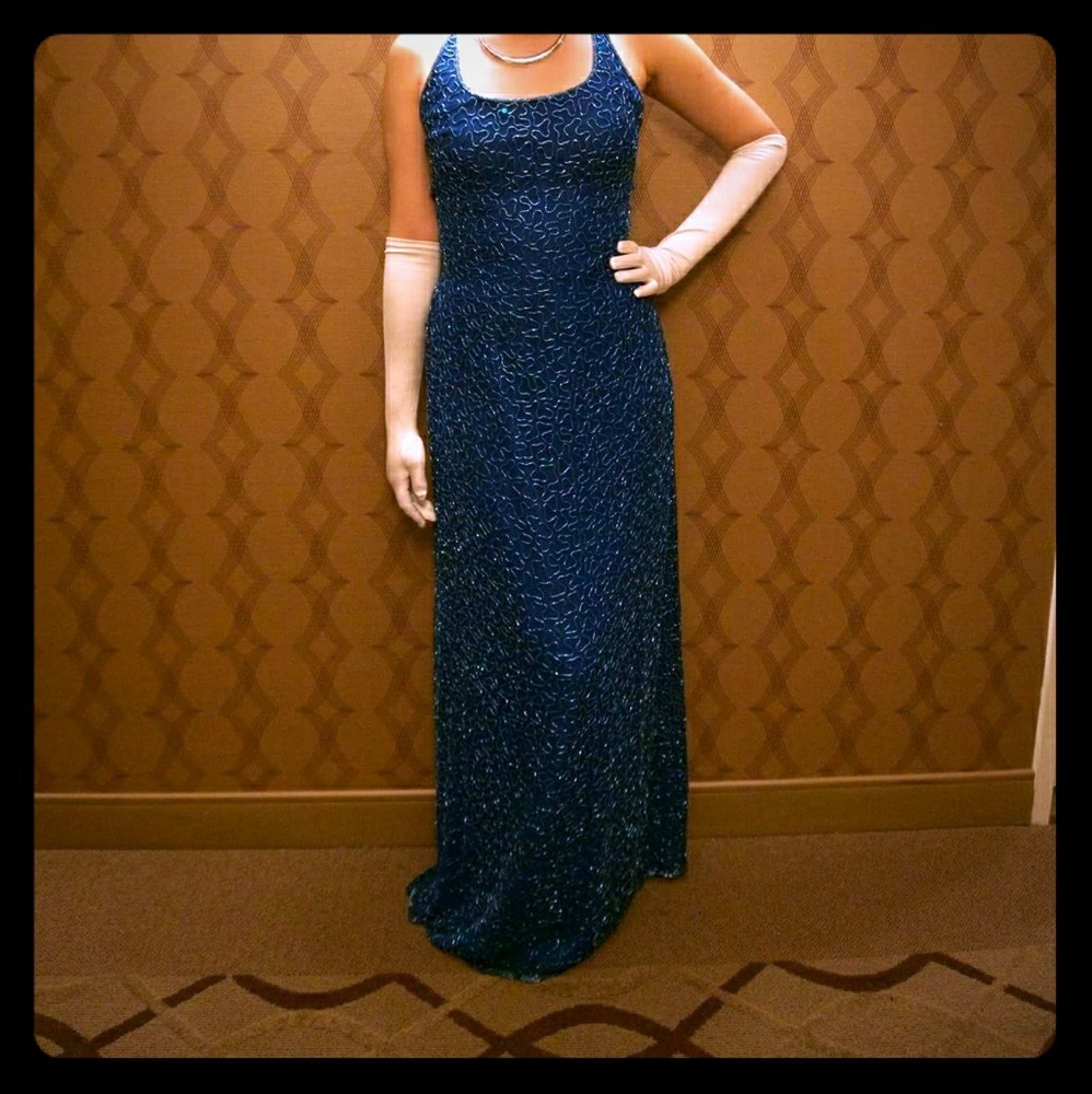 Silk blue beaded floor length gown